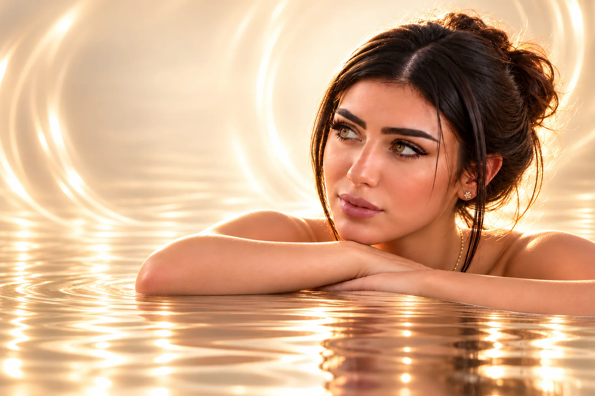 The founder of By Maram in water lit with rings of champagne light (stand-in photograph)