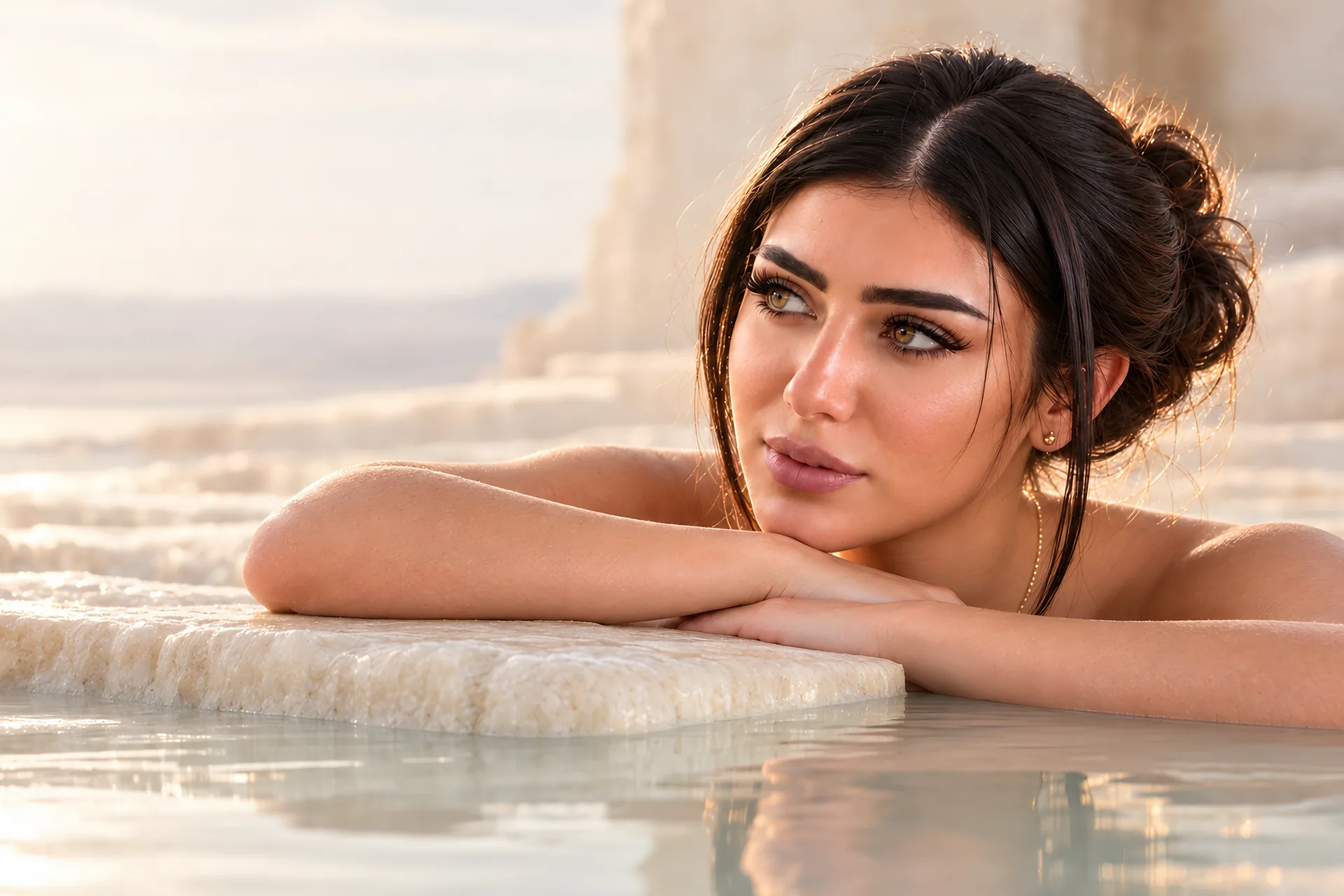 The founder of By Maram resting her arms on a ledge of salt in a still mineral pool (stand-in photograph)