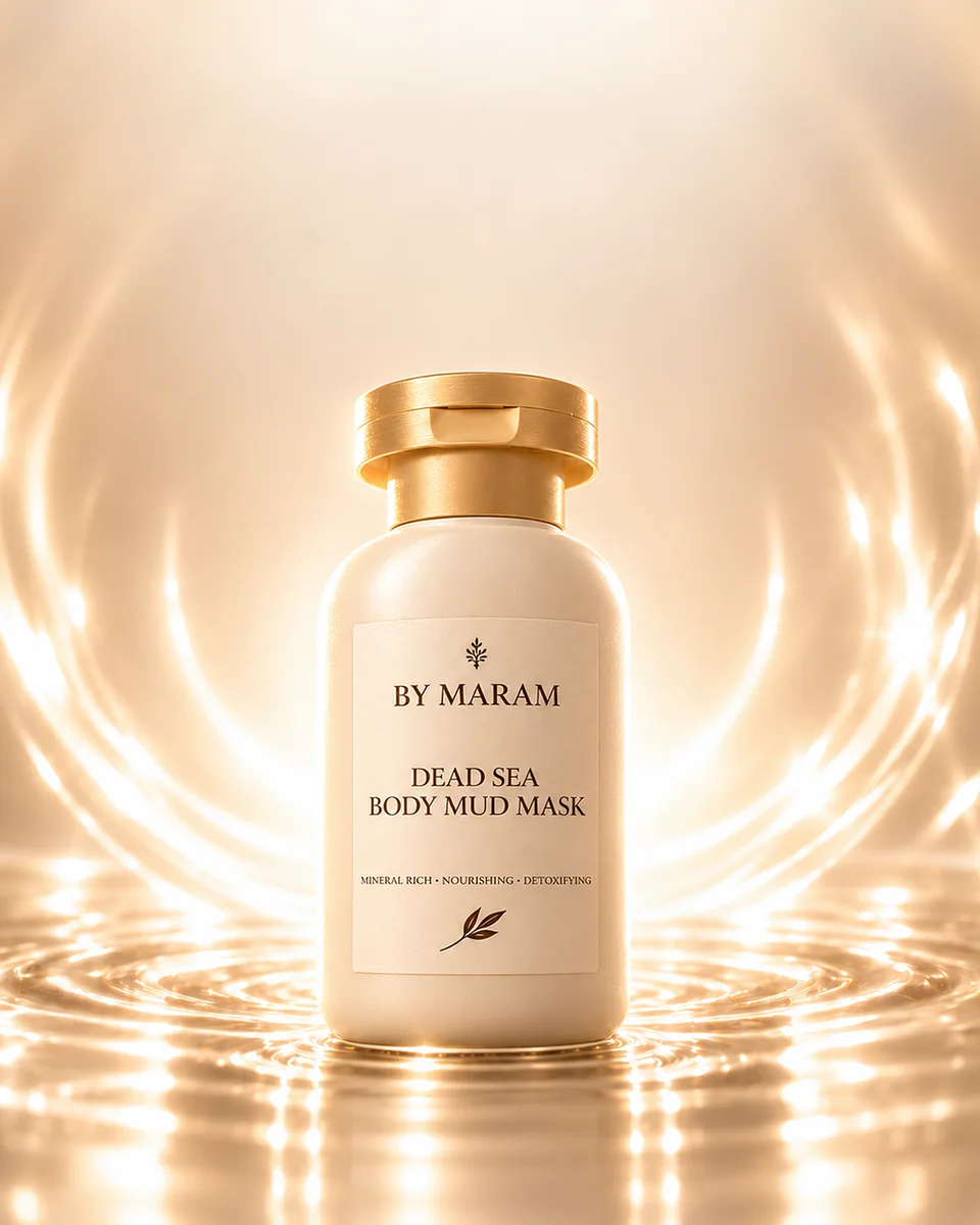 Dead Sea Body Mud Mask: a cream bottle with a gold cap in rings of champagne light