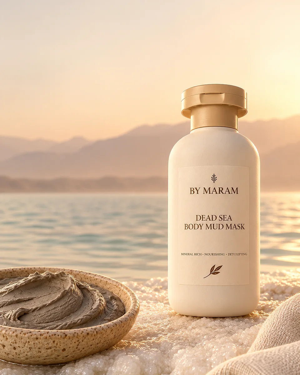 Dead Sea Body Mud Mask: a cream bottle with a gold cap on the salt shore at sunset