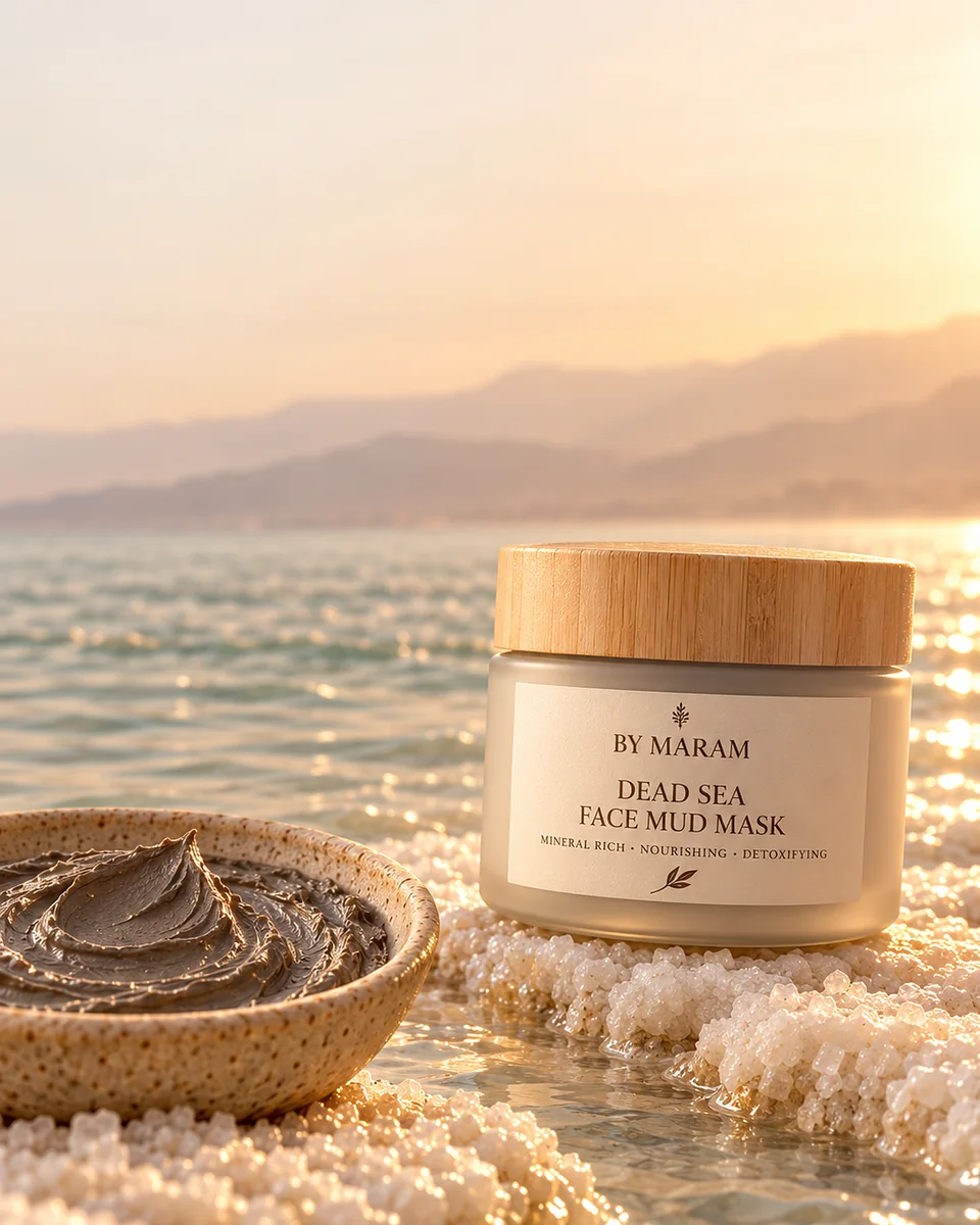 Dead Sea Face Mud Mask: a frosted jar with a bamboo lid on the salt shore, a bowl of mud beside it