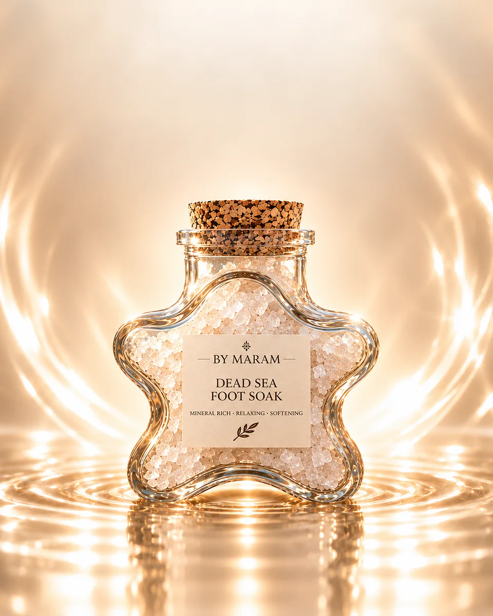 Dead Sea Foot Soak: a star-shaped glass jar of salt in rings of champagne light