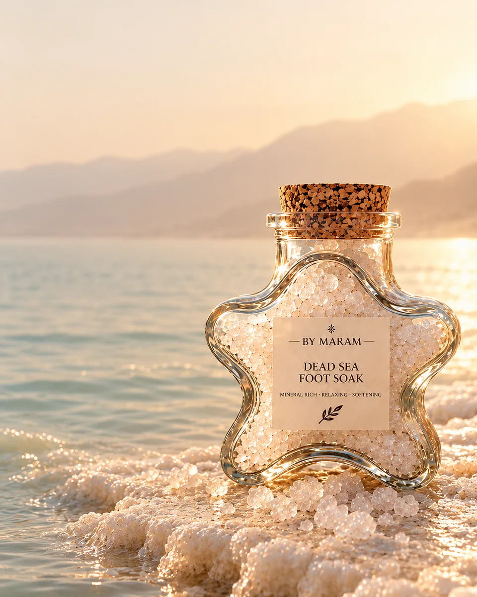 Dead Sea Foot Soak: a star-shaped glass jar of salt with a cork stopper, on the shore