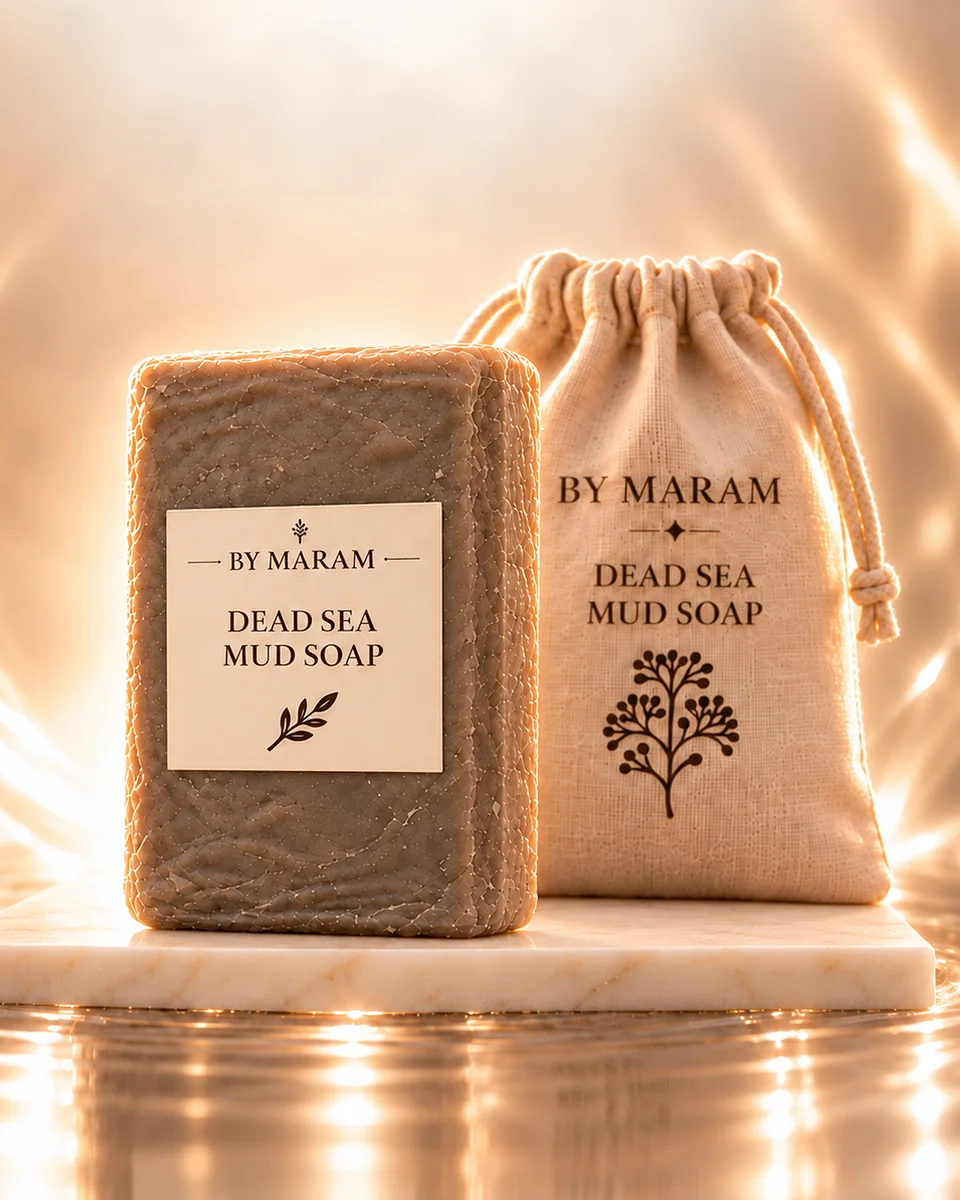 Dead Sea Mud Soap: a dark mineral bar and its linen bag on marble, in champagne light