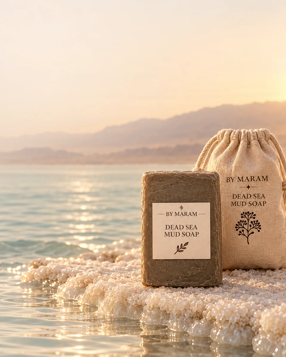 Dead Sea Mud Soap: a dark mineral bar beside its linen bag, on the salt shore