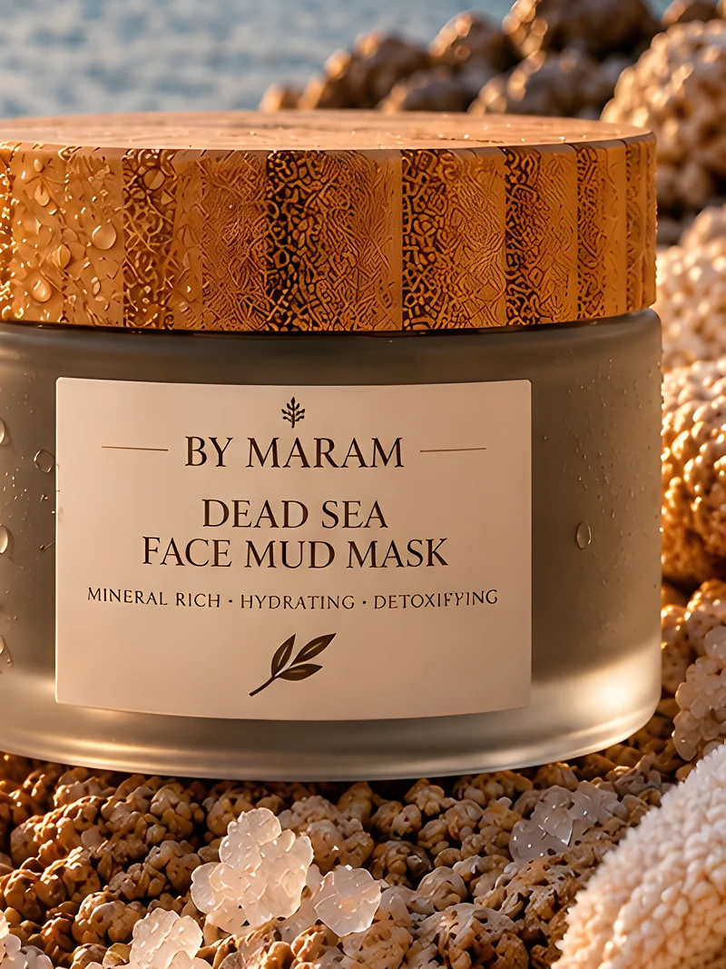 Dead Sea Face Mud Mask — the jar, label forward, on the Dead Sea shore