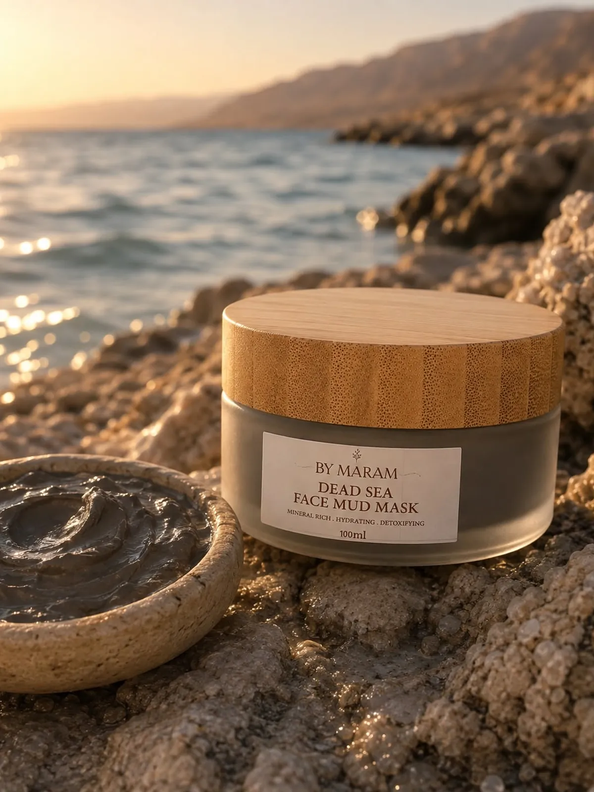 Dead Sea face mud mask on the rocks